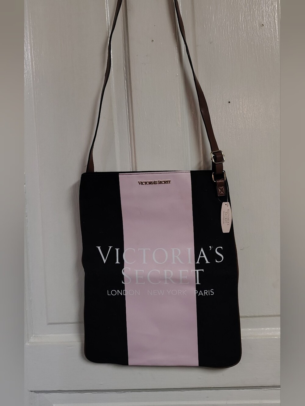 NWT "Victoria's Secret London Paris" Pink Black Canvas Crossbody Messenger Bag